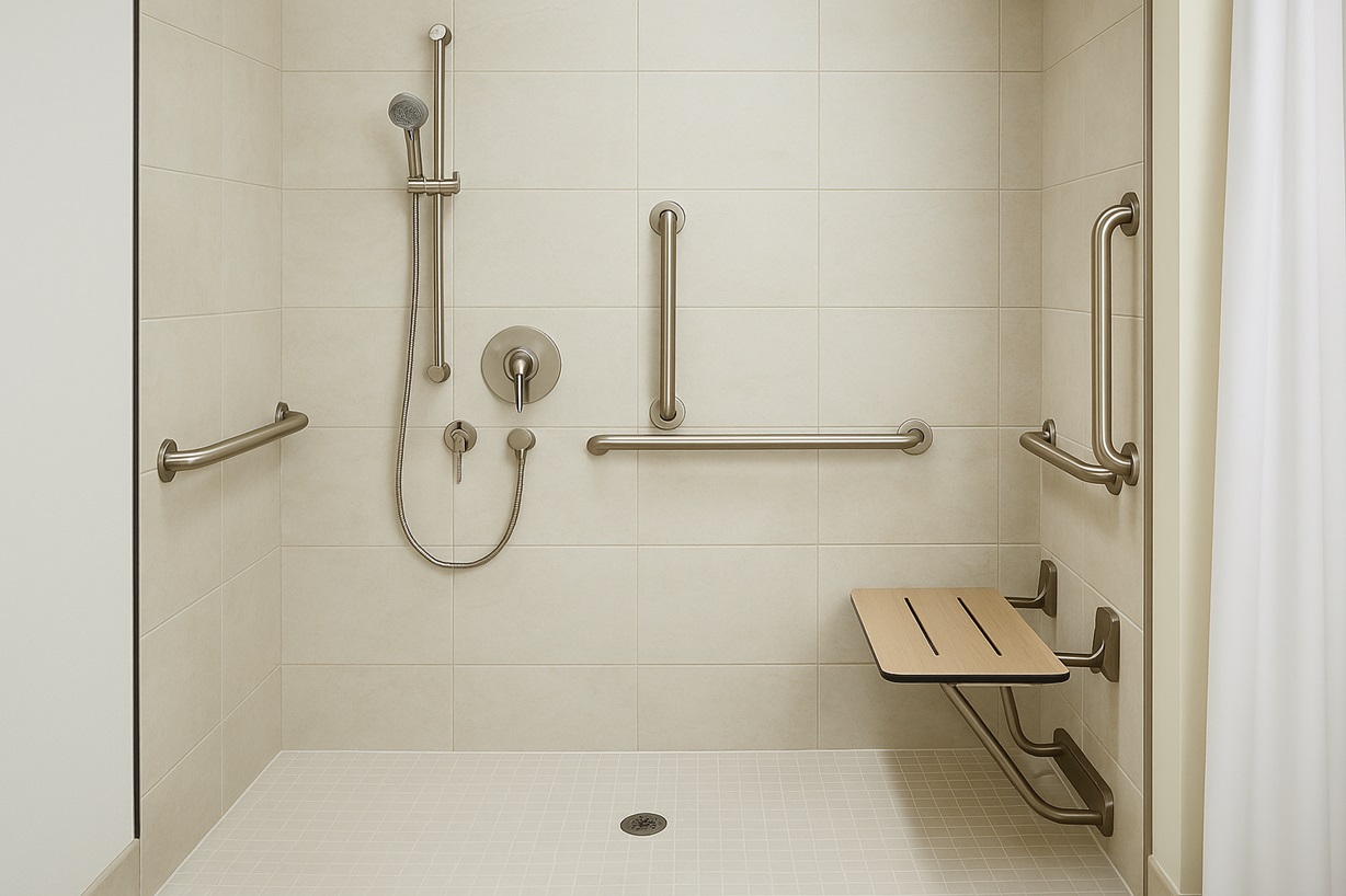 Completed accessible shower with seat, grab bars, and lever-handle thermostatic valve